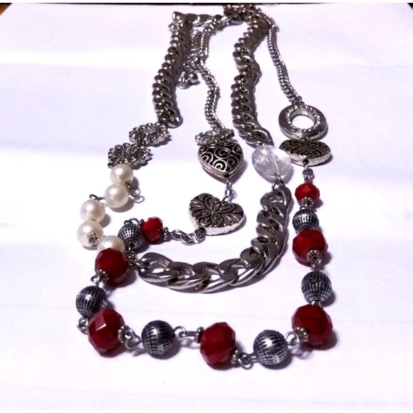 Multi-Layered Silver-Tone Necklace With Red & Pearl Beads Heart Charms & Rhinest - Picture 2 of 7